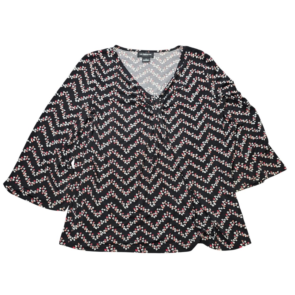 Liz Claiborne Career Floral Chevron Blouse Women's Size S Blac Bell Sleeve